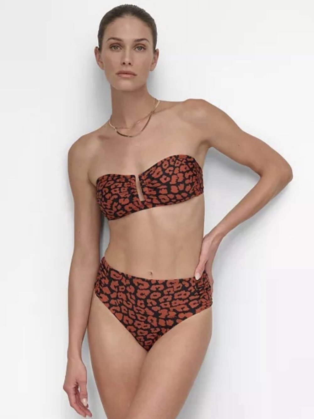 DKNY Ruched Animal Print Strapless Bandeau Bikini Swim Top Size XL